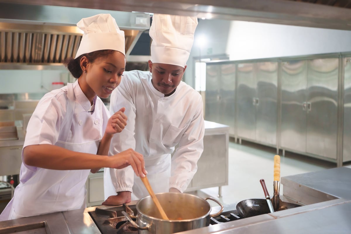 Chef supervising kitchen team